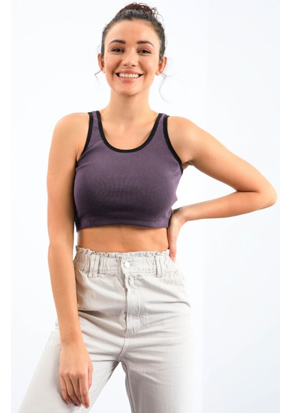 Açık Mor Basic Sıfır Kol Dar Kalıp U Yaka Kadın Crop Top Atlet - 97162