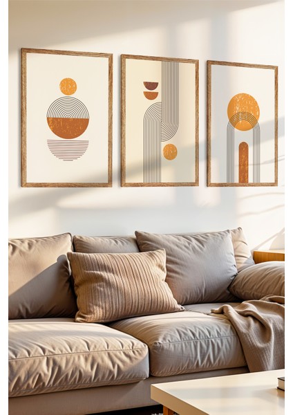 3 Parça Soyut Doğa ve Organik Formlar Temalı Ahşap Çerçeve Görünümlü Mdf Tablo Seti