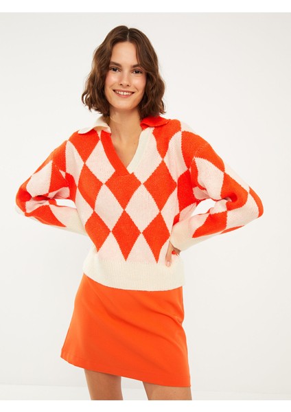 Yeni Sezon Polo Yaka Baklava Desenli Kadın Triko Kazak fiyatları