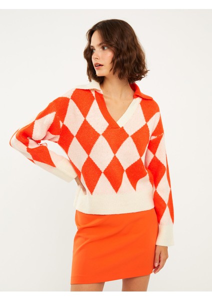 Yeni Sezon Polo Yaka Baklava Desenli Kadın Triko Kazak modelleri