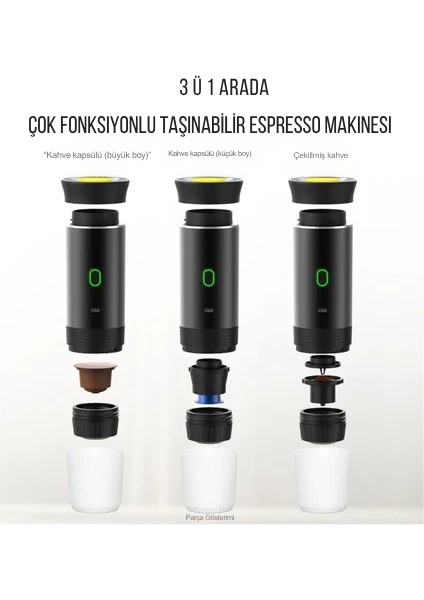 Taşınabilir Espresso Kahve Makinesi Şarjlı Kapsül ve Öğütülmüş Kahve ile uyumlu. modelleri