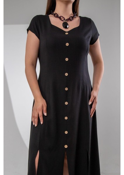 Kadın 111975 Büyük Beden Düğmeli Yırtmaçlı Elbise Siyah fiyatları