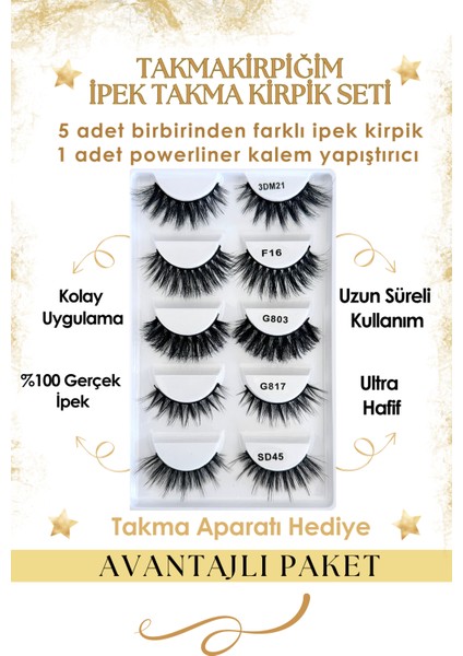 Beşli Yoğun Ipek Takma Kirpik Set ve Powerliner Şeffaf Kalem Yapıştırıcı (Aparat Hediye)