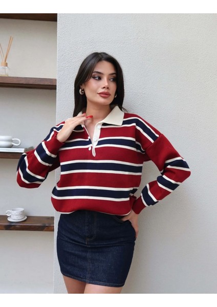 Çizgili Polo Yaka Oversize Triko Kazak
