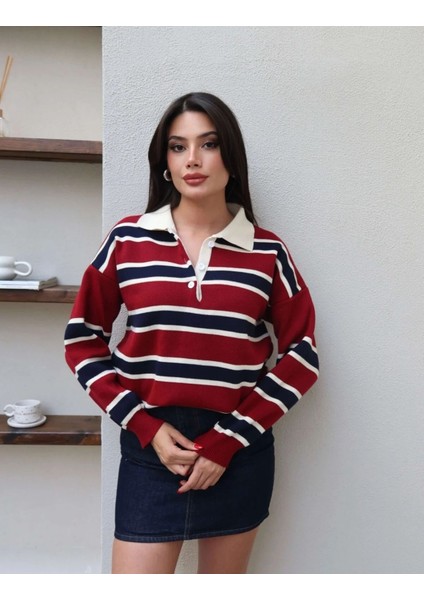 Çizgili Polo Yaka Oversize Triko Kazak fiyatları