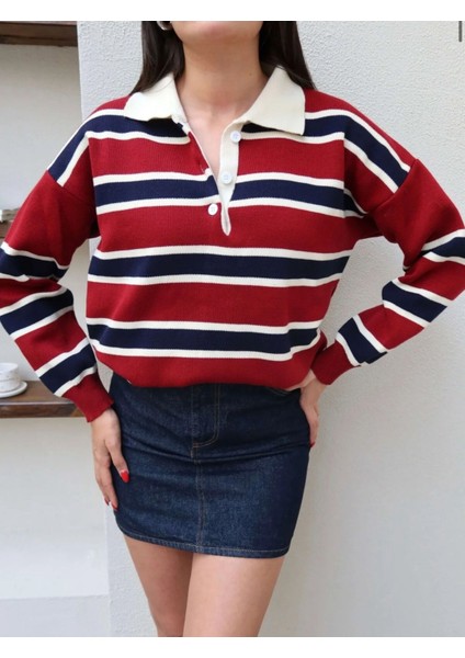 Çizgili Polo Yaka Oversize Triko Kazak modelleri