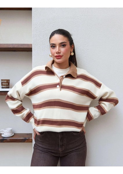 Çizgili Polo Yaka Oversize Triko Kazak