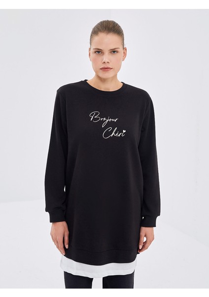 Yeni Sezon Bisiklet Yaka Baskılı Kadın Sweatshirt Tunik