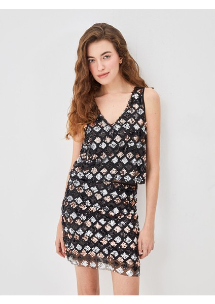 Yeni Sezon V Yaka Pul Işlemeli Kadın Crop Bluz