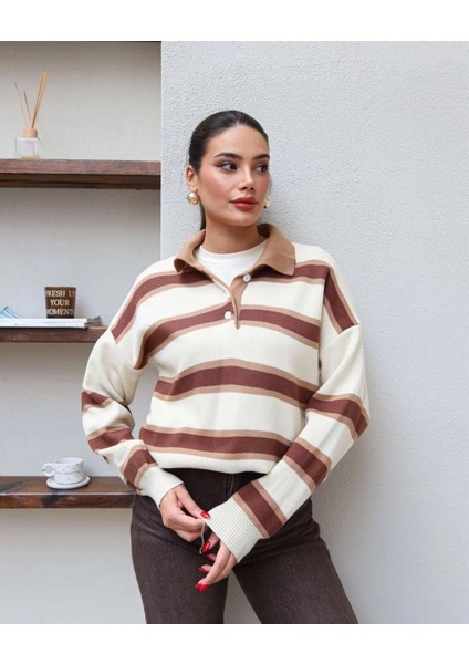 Çizgili Polo Yaka Oversize Triko Kazak fiyatları