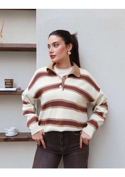 Çizgili Polo Yaka Oversize Triko Kazak modelleri