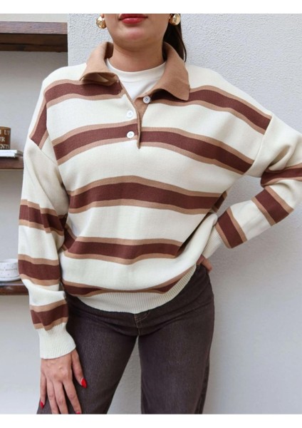 Çizgili Polo Yaka Oversize Triko Kazak fırsatları