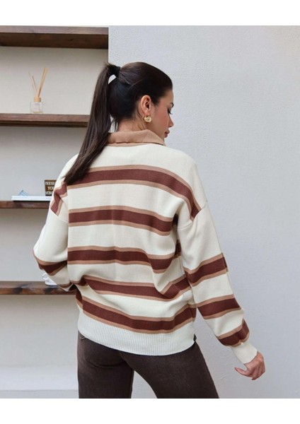 Çizgili Polo Yaka Oversize Triko Kazak indirimleri