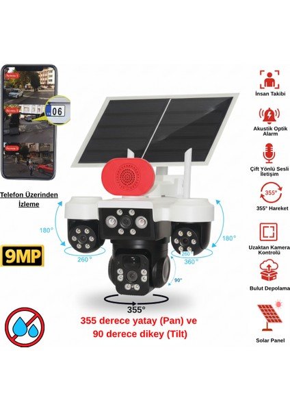 Apronx 9mp Solar Ptz Kamera | 3 Lens Üçlü Görüş Wi-Fi Kamera | Şarjlı & Akıllı Güvenlik Sistemi
