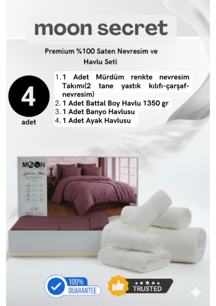 %100 Saten Premium Nevresim ve Havlu Seti 12 Farklı Renk Seçeneği 4 Parça Set 1