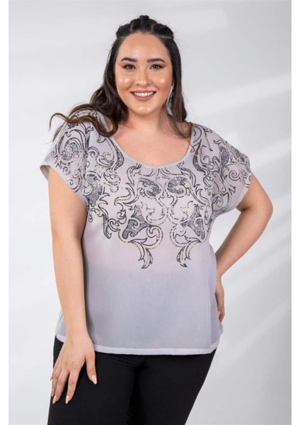 Kadın Büyük Beden Simli-Varaklı Gri Bluz