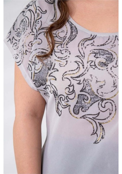Kadın Büyük Beden Simli-Varaklı Gri Bluz fiyatları