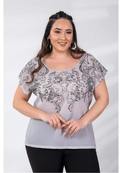 Kadın Büyük Beden Simli-Varaklı Gri Bluz modelleri
