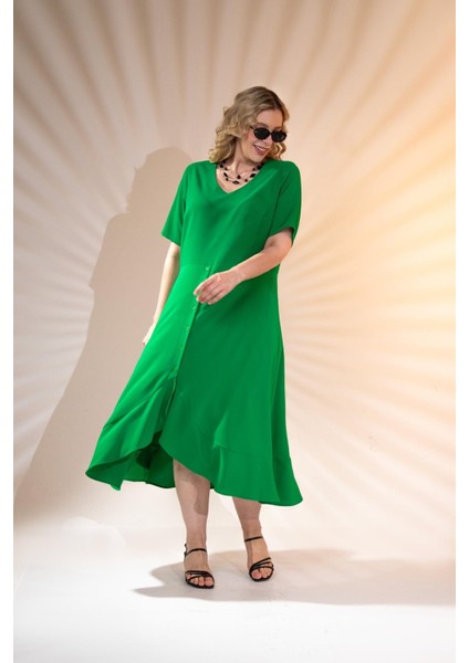 Kadın Büyük Beden Eteği Düğmeli Volanlı Yeşil Elbise modelleri