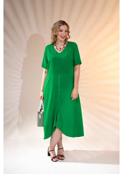 Kadın Büyük Beden Eteği Düğmeli Volanlı Yeşil Elbise indirimleri