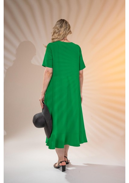 Kadın Büyük Beden Eteği Düğmeli Volanlı Yeşil Elbise