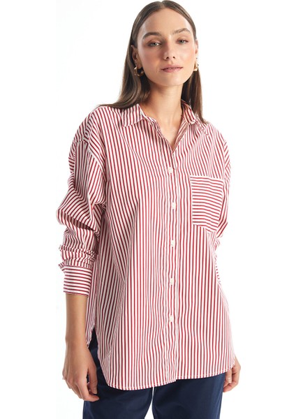 Yeni Sezon Çizgili Oversize Poplin Kadın Gömlek