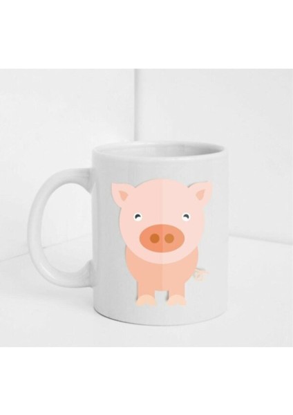 Sevimli Domuz Figürlü Beyaz Baskılı Kupa