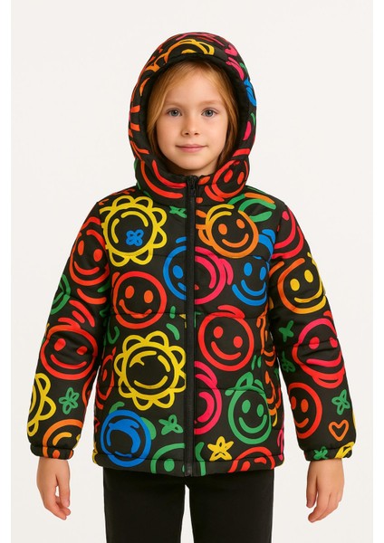 Kız Çocuk Gülen Emoji Polarlı Kürklü Su ve Rüzgar Geçirmez Kapüşonlu Kışlık Şişme Mont