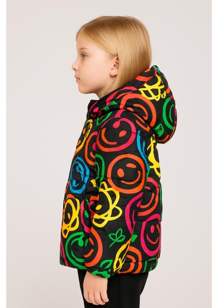 Kız Çocuk Gülen Emoji Polarlı Kürklü Su ve Rüzgar Geçirmez Kapüşonlu Kışlık Şişme Mont fiyatları