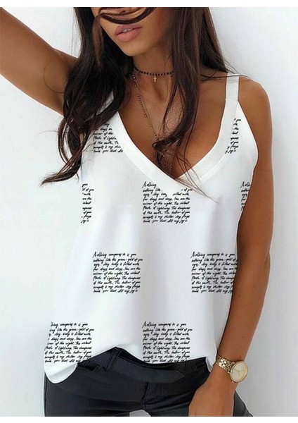 Kadın Omuz Askılı V Yaka Dijital Baskı Detay Mikro Kumaş Bluz