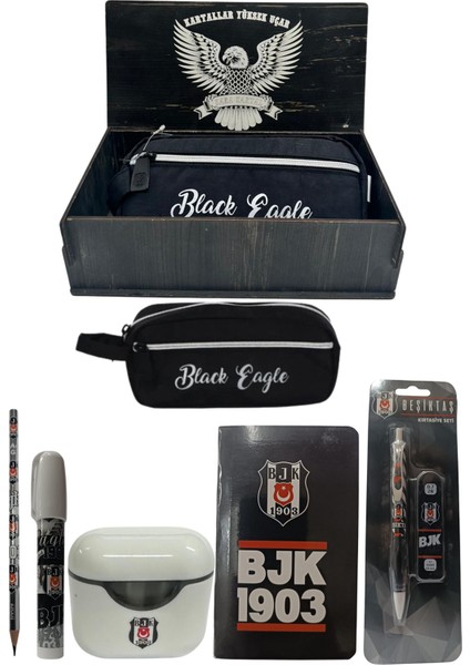 Beşiktaş Orjinal Lisanslı Beyaz Air Kalemtraş Ahşap Kutulu 6'lı Kırtasiye Seti