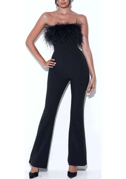 Göğsü Otriş Detaylı Siyah Straplez Tulum, Tüy Detaylı Straplez Yaka Abiye Tulum