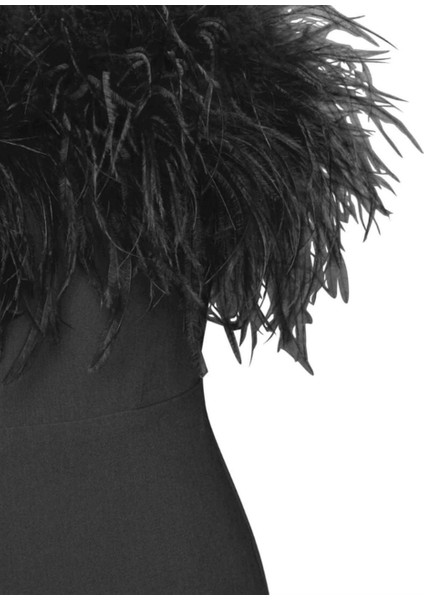 Göğsü Otriş Detaylı Siyah Straplez Tulum, Tüy Detaylı Straplez Yaka Abiye Tulum fiyatları