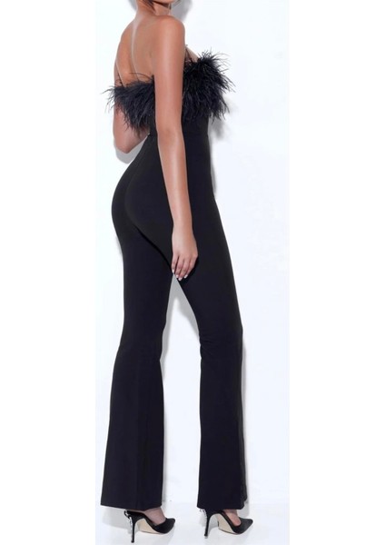 Göğsü Otriş Detaylı Siyah Straplez Tulum, Tüy Detaylı Straplez Yaka Abiye Tulum modelleri