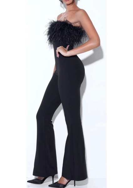 Göğsü Otriş Detaylı Siyah Straplez Tulum, Tüy Detaylı Straplez Yaka Abiye Tulum fırsatları