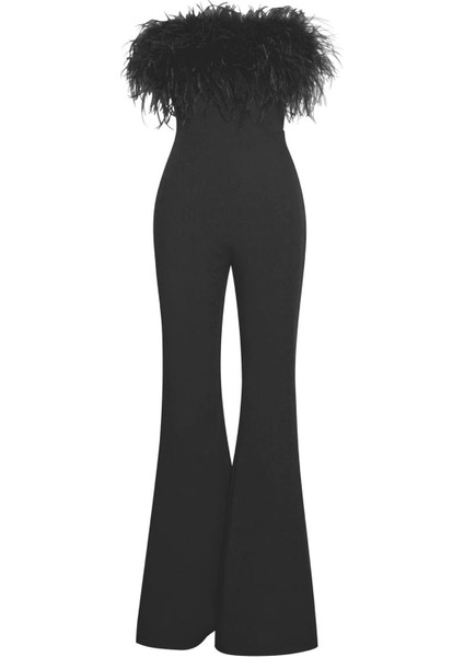 Göğsü Otriş Detaylı Siyah Straplez Tulum, Tüy Detaylı Straplez Yaka Abiye Tulum indirimleri