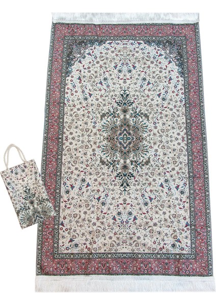 Ipeksi Dokulu Çantalı Kadife Seccade - Çiçek Motifli, Pratik, Taşınabilir - Gül Kurusu modelleri