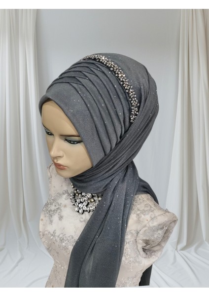 Antrasit Aksesuar Dahil Tek Gamze Model Hazır Duvak Hazır Şal Hazır Türban