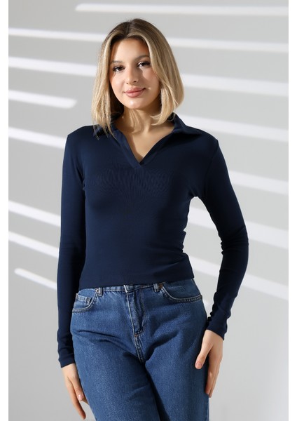 Düğmesiz Gömlek Yaka Uzun Kol Basic Kadın T-Shirt 21938 Lacivert