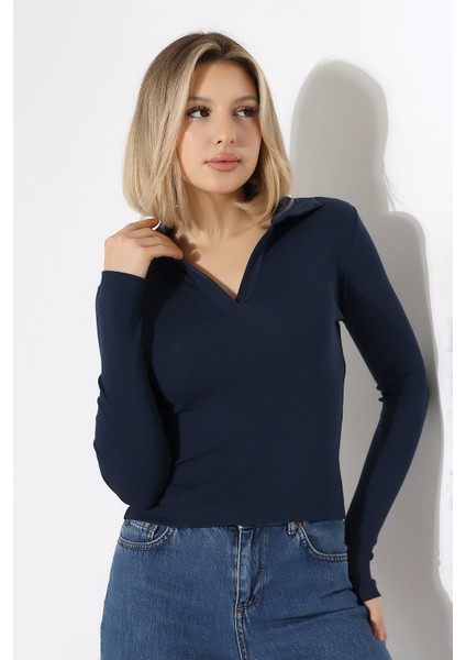 Düğmesiz Gömlek Yaka Uzun Kol Basic Kadın T-Shirt 21938 Lacivert modelleri