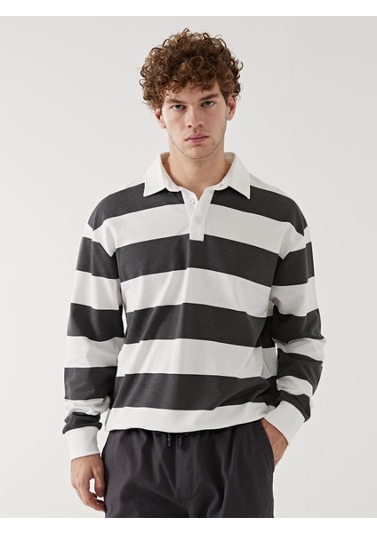 Yeni Sezon Polo Yaka Uzun Kollu Çizgili Erkek Kalın Sweatshirt