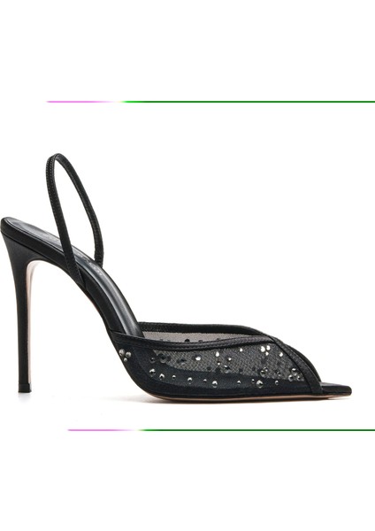 Cros Siyah Tekstil Kadın Topuklu Sandalet