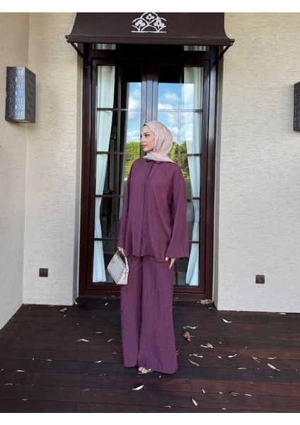 Kadın Taş Baskı Gömlek ve Pantolon Takım M41411 - Bordo