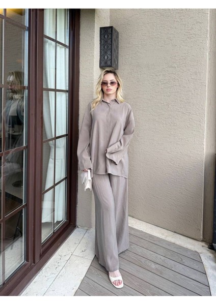 Kadın Taş Baskı Gömlek ve Pantolon Takım M41411 - Vizon