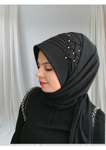 Simli Siyah Zehra Model Hazır Türban Hazır Şal Abiye Şal
