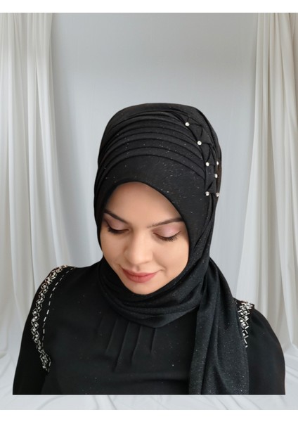 Simli Siyah Zehra Model Hazır Türban Hazır Şal Abiye Şal fiyatları