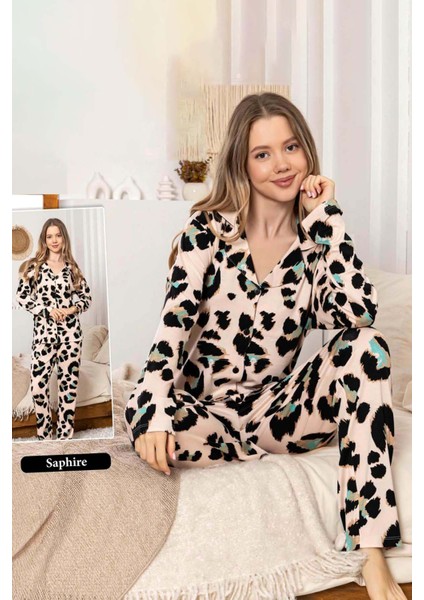 Kadın Leopar Desen Düğmeli Saphire Pijama Takımı 0368 Toz Pembe modelleri