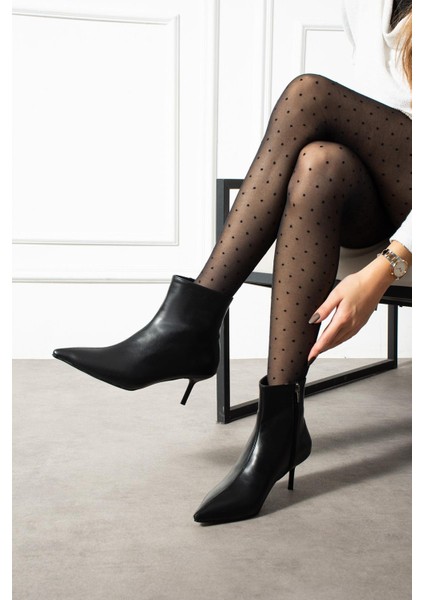 Yevsa Kadın Bot Ince Topuklu Fermuarlı Siyah Deri