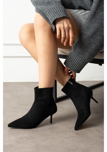 Yevsa Kadın Bot Ince Topuklu Fermuarlı Siyah Süet