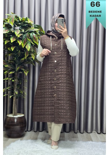 Kadın Giyim Büyük Beden Kapşonlu Astarlı Kare Desen Yelek